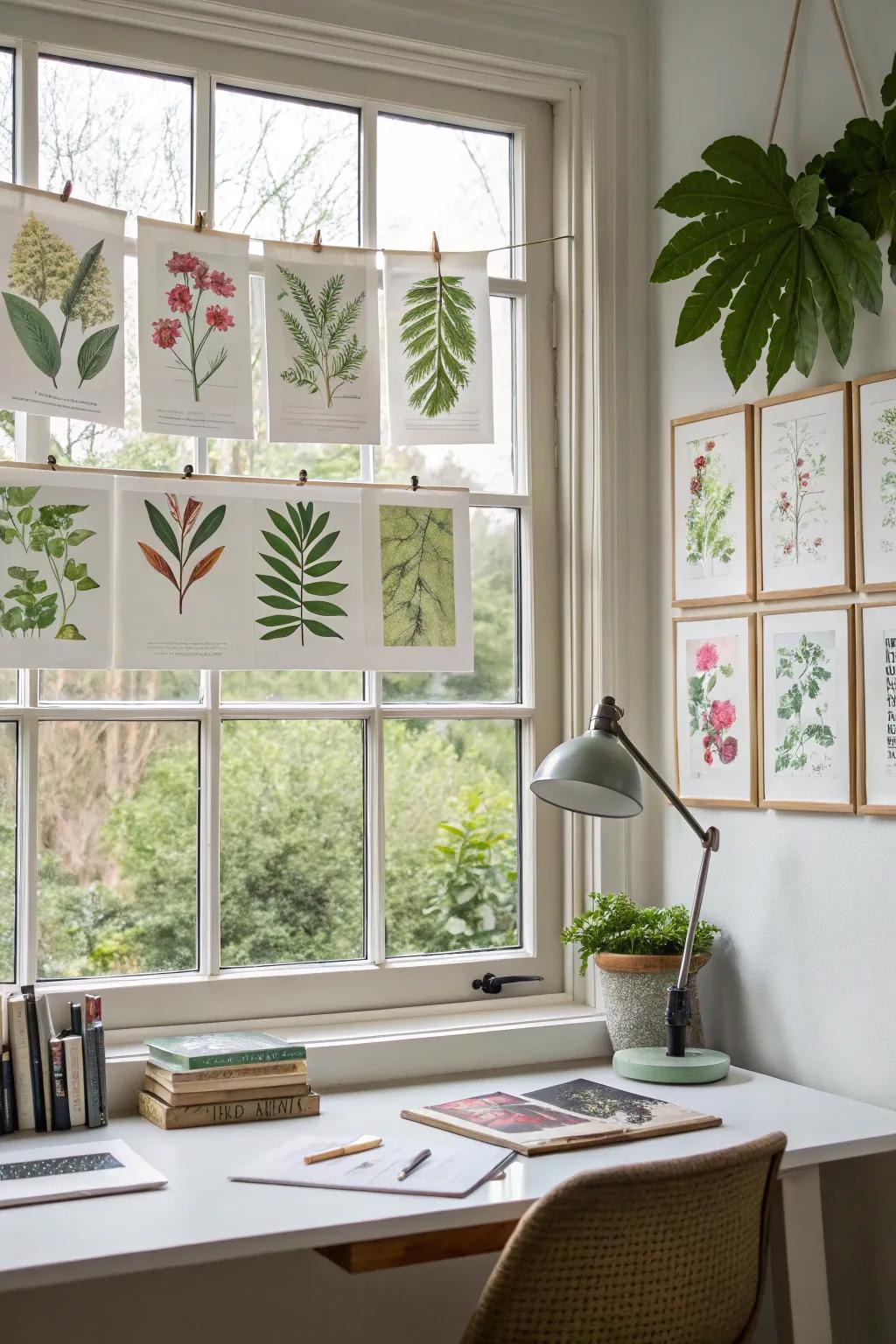 Herbal imprints contained within window frames beget a tranquil ambiance.