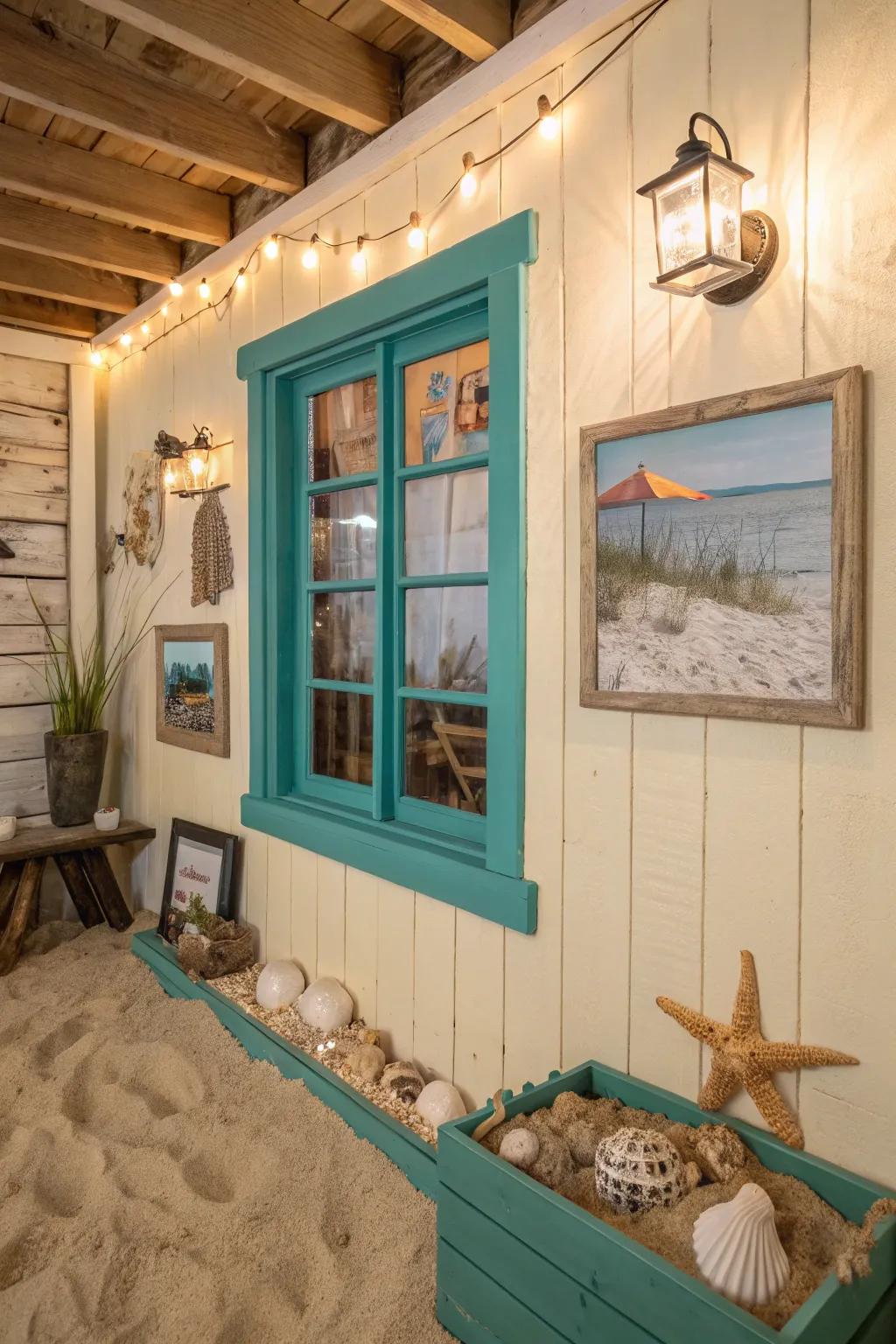 Turquoise trim transports a shoreline atmosphere to any space.
