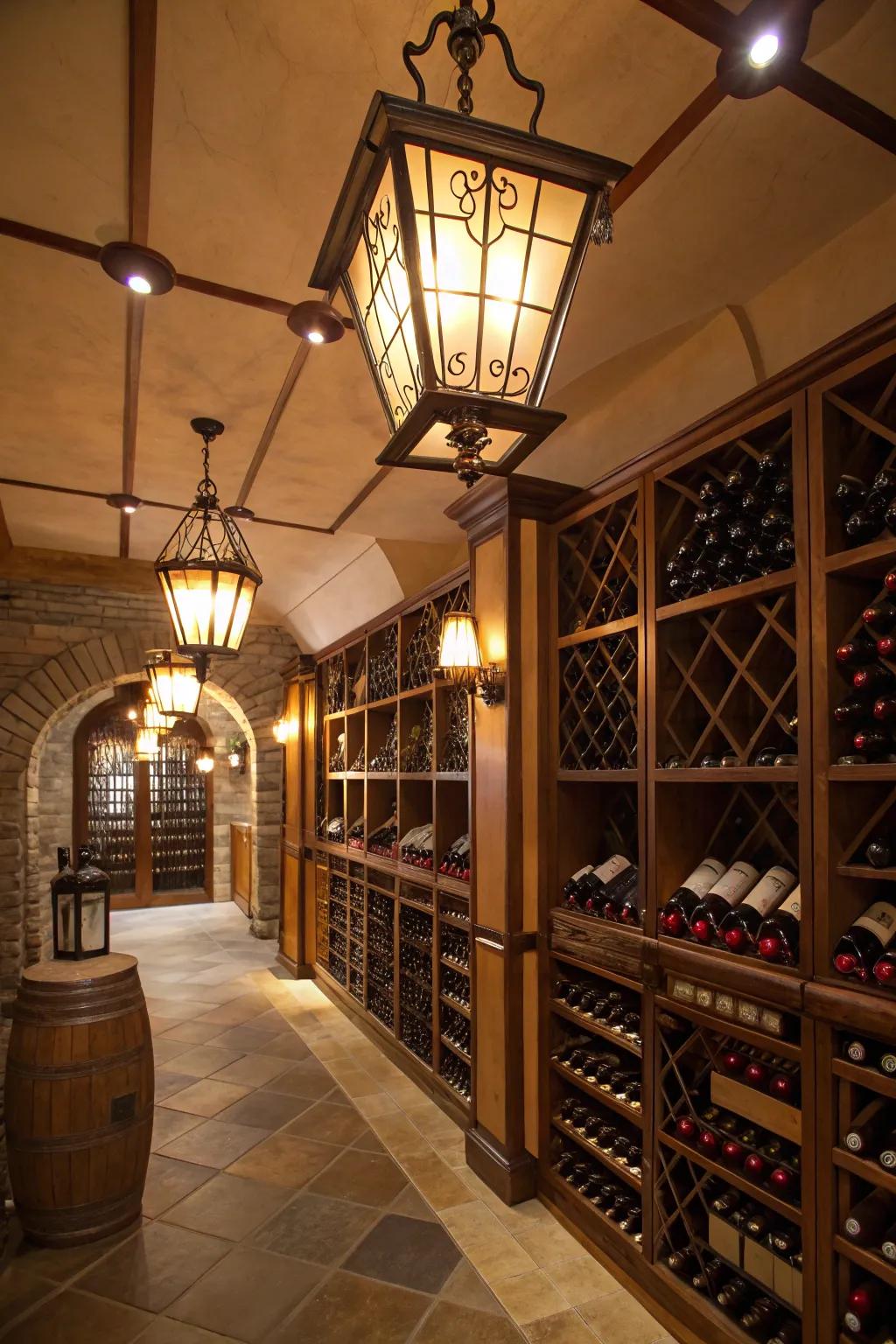 Vintage lanterns casting a charming old-world glow in the wine room.