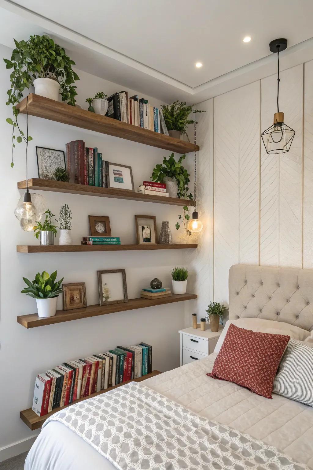 Floating shelves on the accent wall provide style and practical storage.