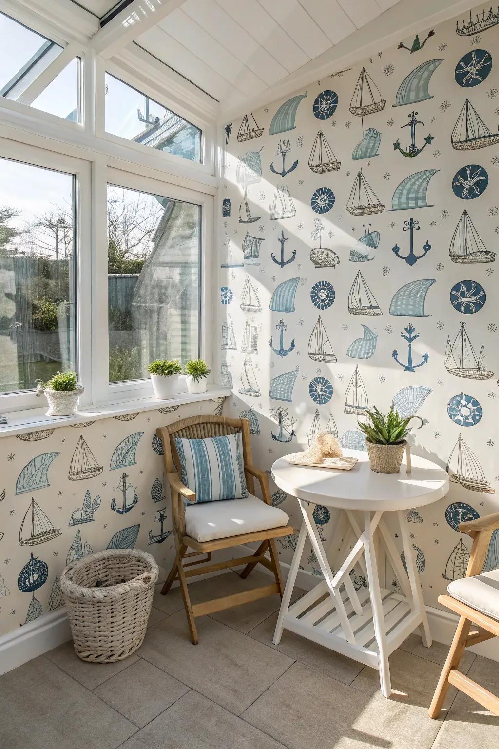 A seaside-themed wallpaper creates a coastal escape in a sunroom.