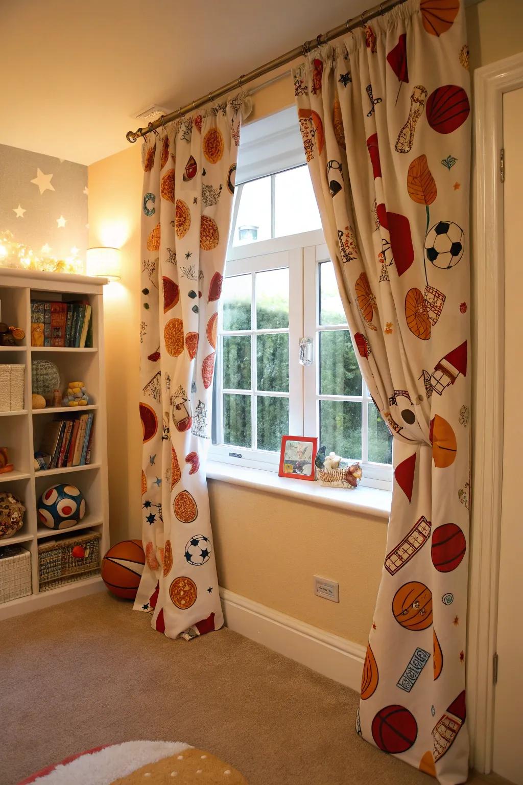 Sports-themed curtains smoothly blend with the overall nursery theme.