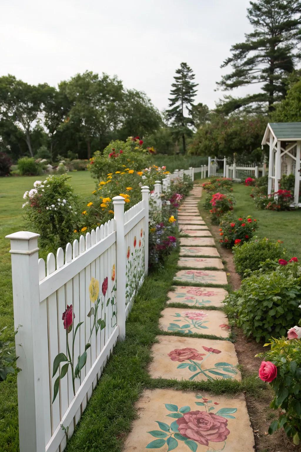 Painted routes on a fence guide you through a garden adventure.