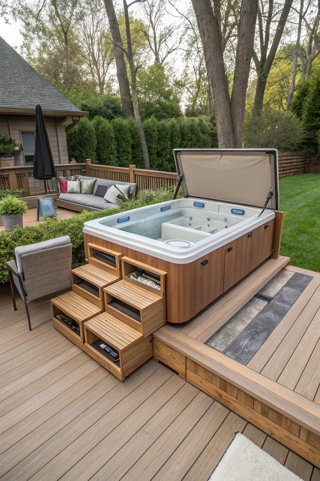 Hidden storage keeps your hot tub area organized and clutter-free.