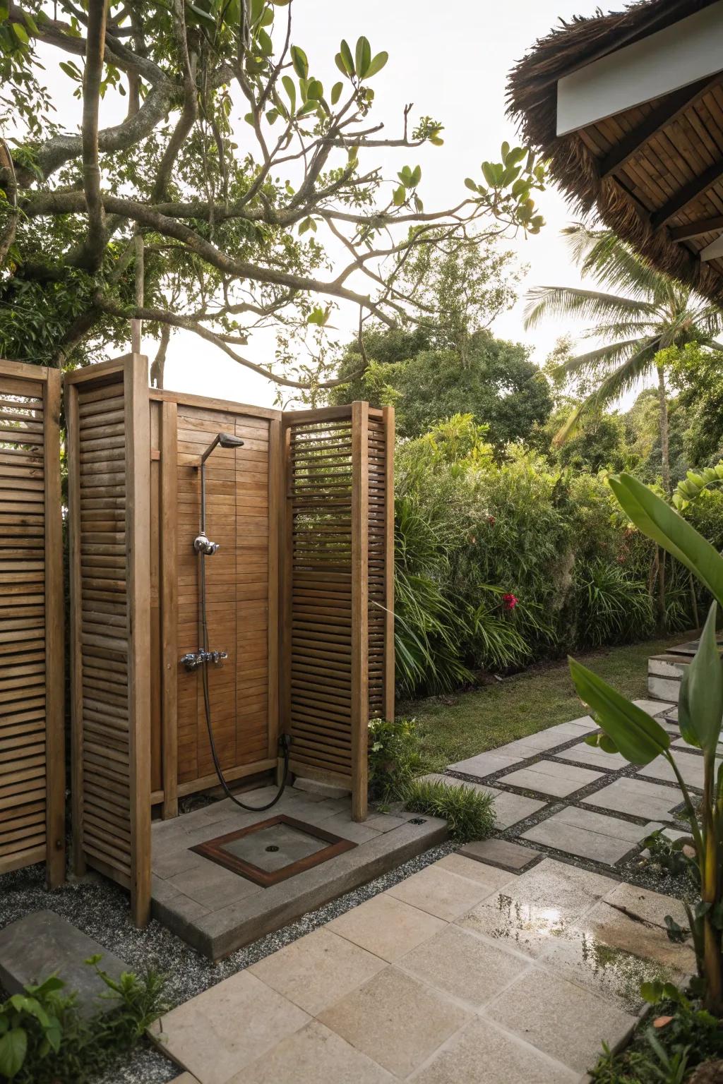 A private outdoor shower with elegant partitions.