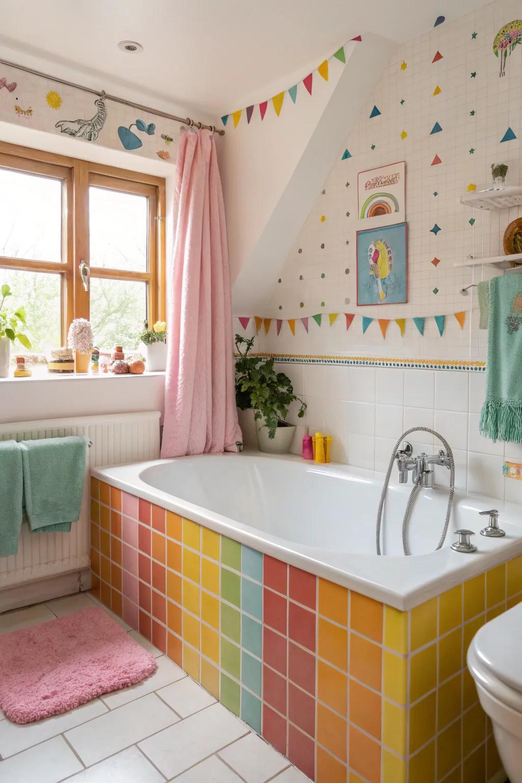 A playful bathroom featuring a tub with vibrant, colorful fixtures.