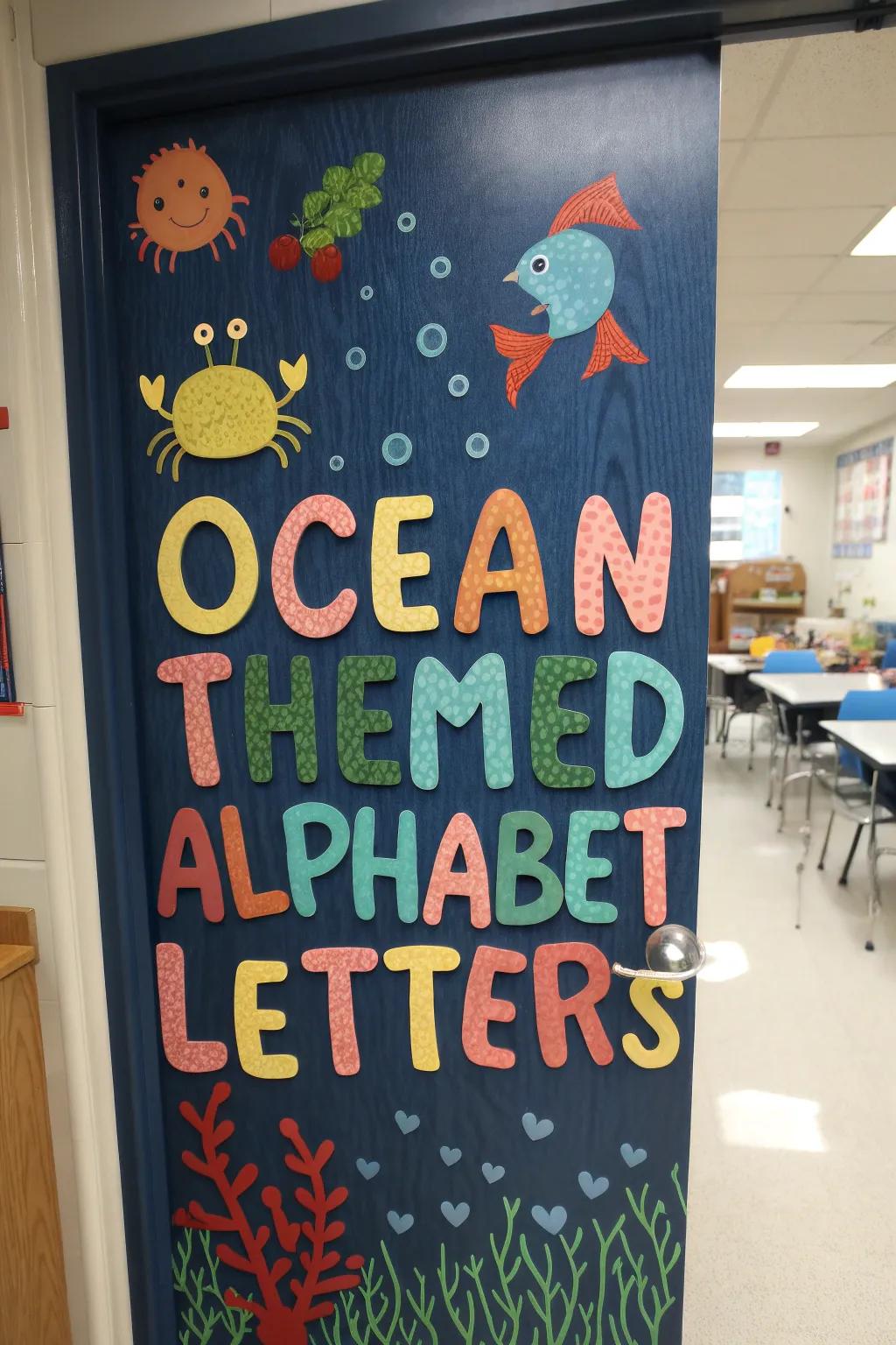 Ocean-themed alphabet letters on a classroom door for a fun learning tool.