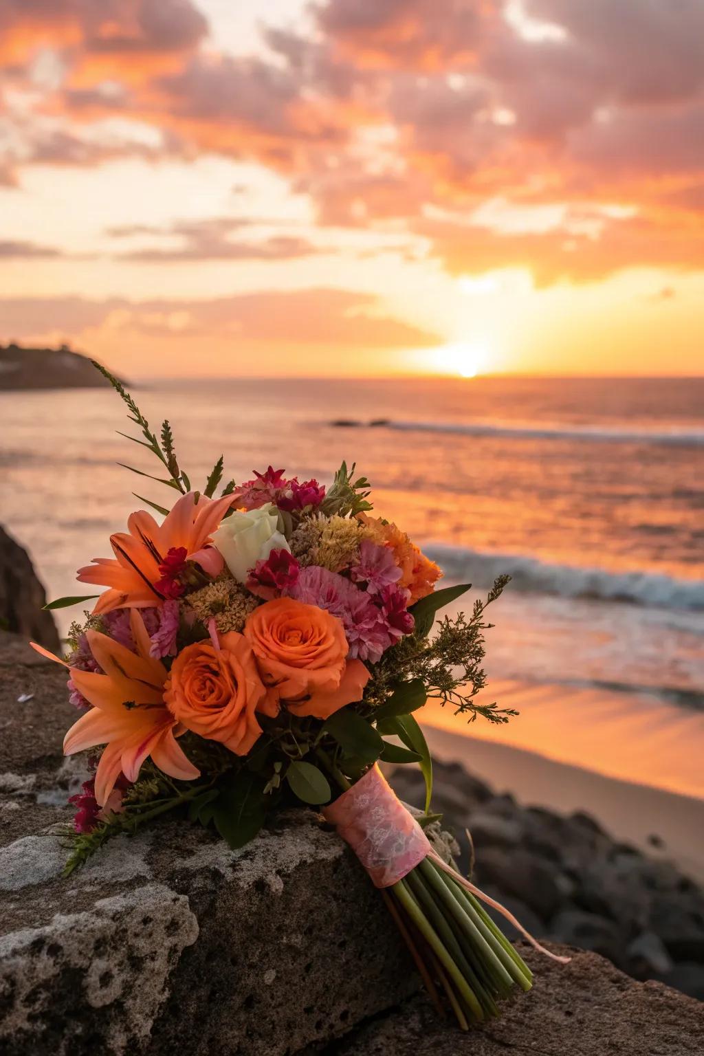 A bouquet with sunset colors reflecting the evening beach ambiance.