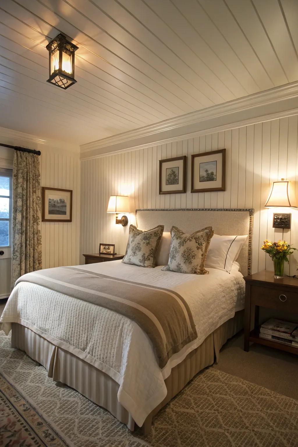 A glamorous guest room with cozy beadboard accents.