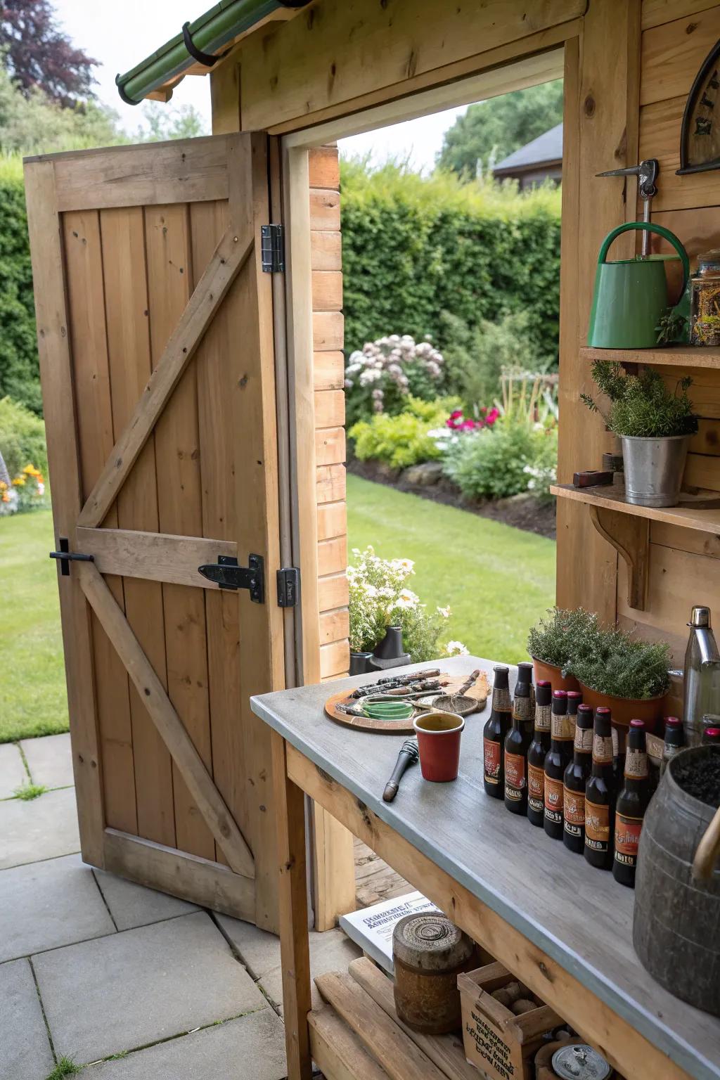 A garden shed with a potting table creatively holding beer bottles.