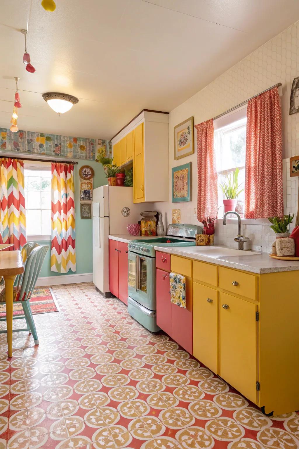 Sheet floor covering adds a lively and colorful touch.