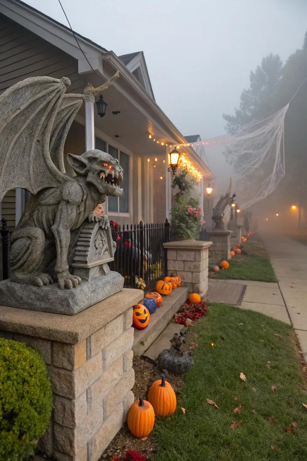 Gargoyles lend a Gothic charm to Halloween decorations.