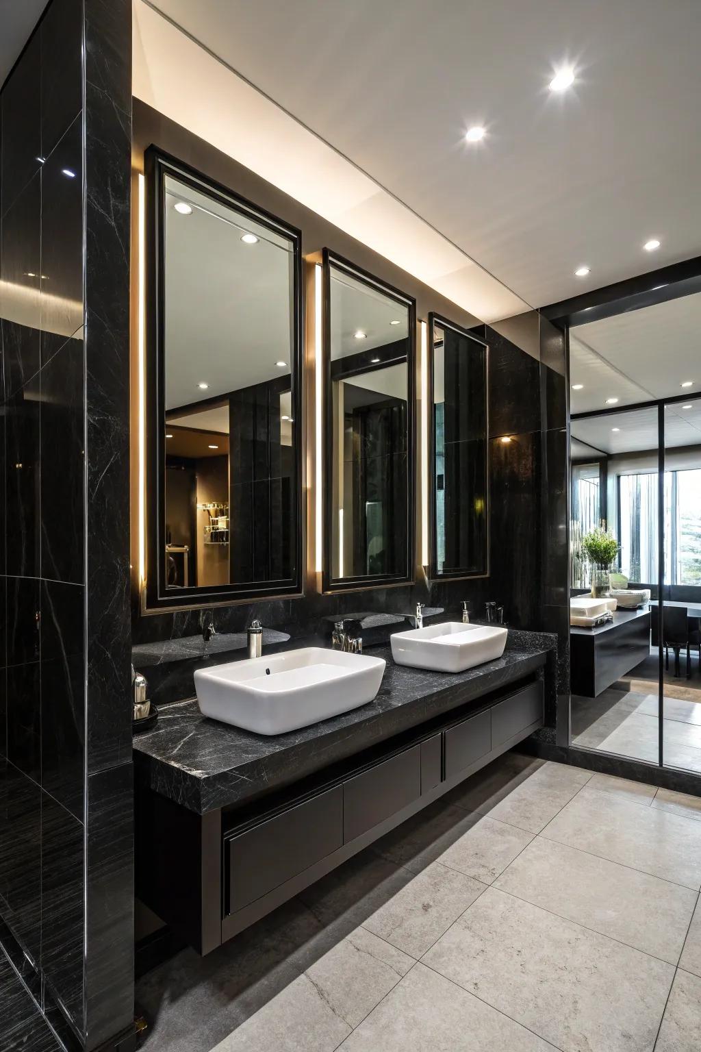 Mirrors enhance light and space in black bathrooms.