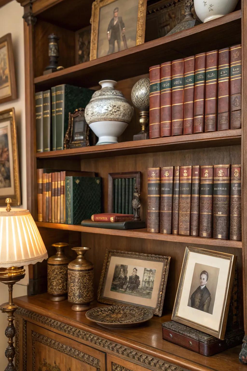 Add a nostalgic touch to your bookcase with vintage decor.