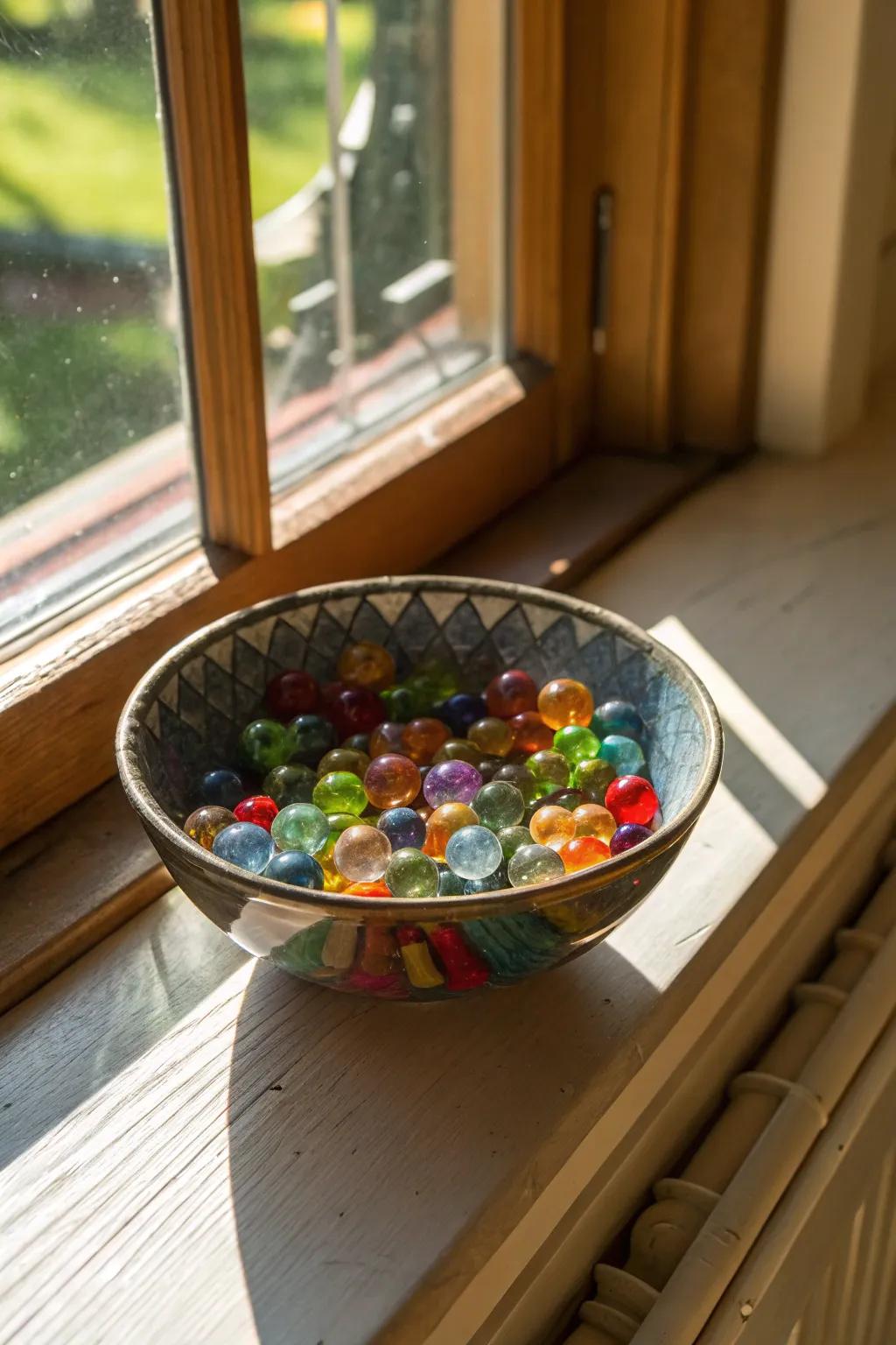 A decorative bowl filled with colorful recycled glass beads