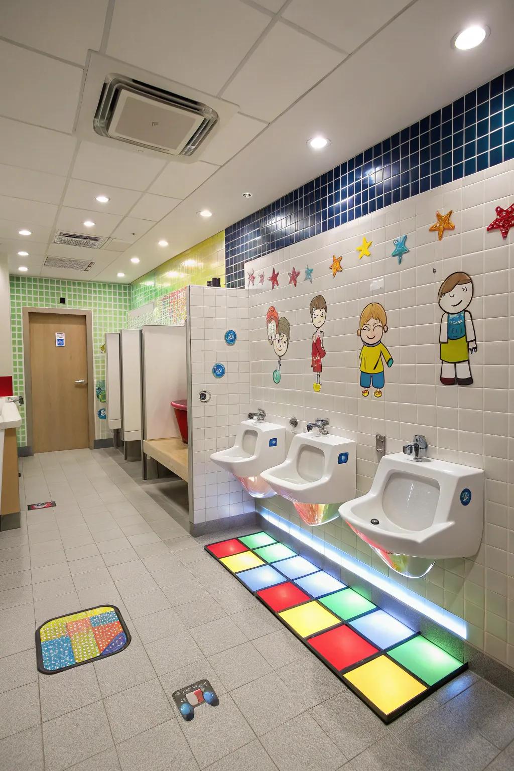 Interactive floor tiles create a playful experience in a boys' bathroom.