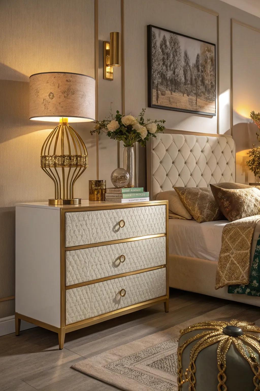 Gold trim furniture adds a subtle touch of luxury.