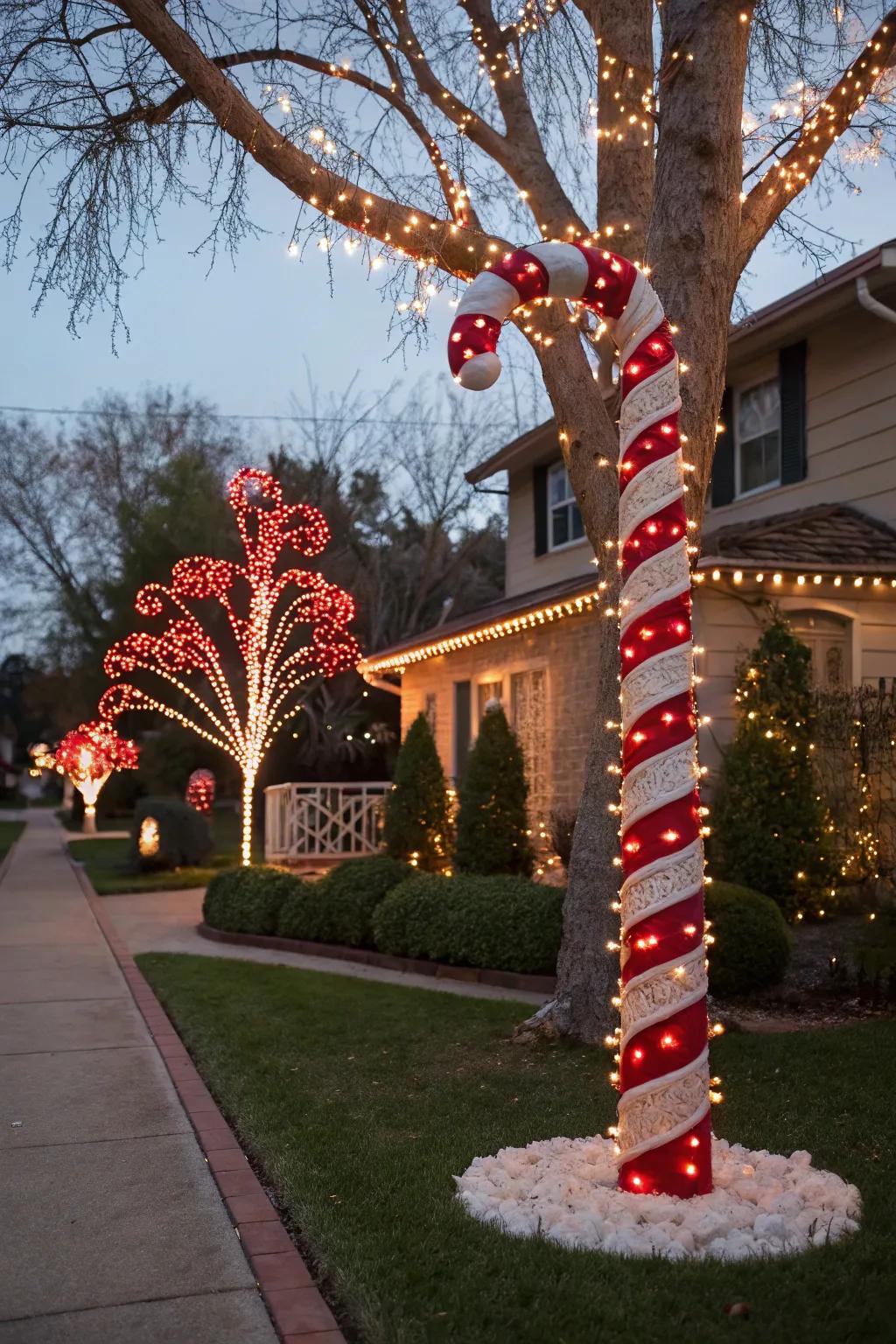 A community candy cane tree spreads holiday cheer in the neighborhood.