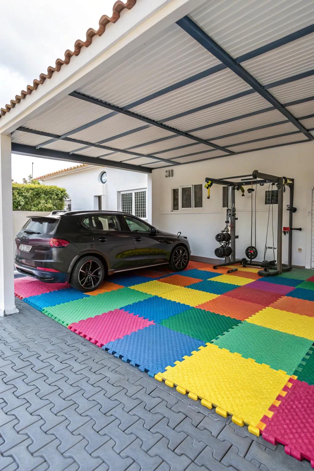 Foam tiles lend comfort and color in your carport.