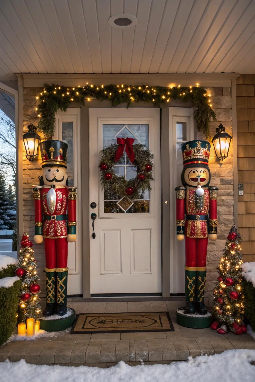 Nutcracker figures stand guard at this festive doorway.