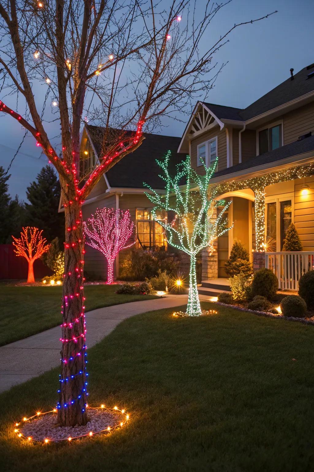 Light show trees create a captivating festive display.