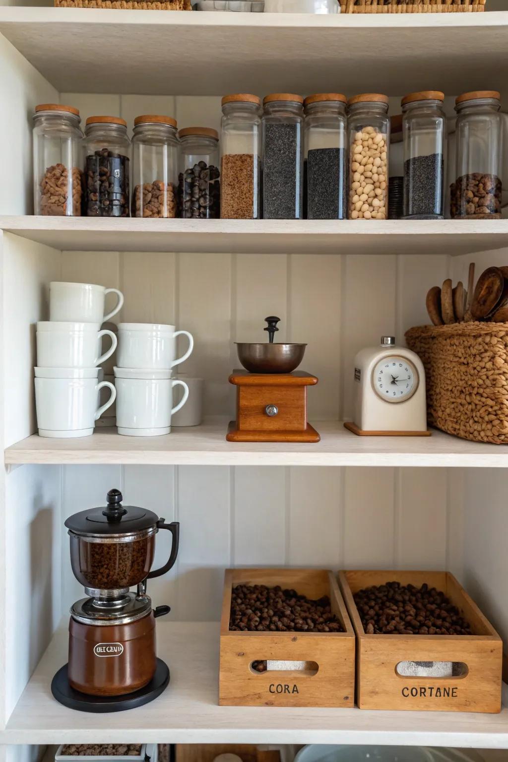 Open shelving showcases your coffee essentials elegantly.