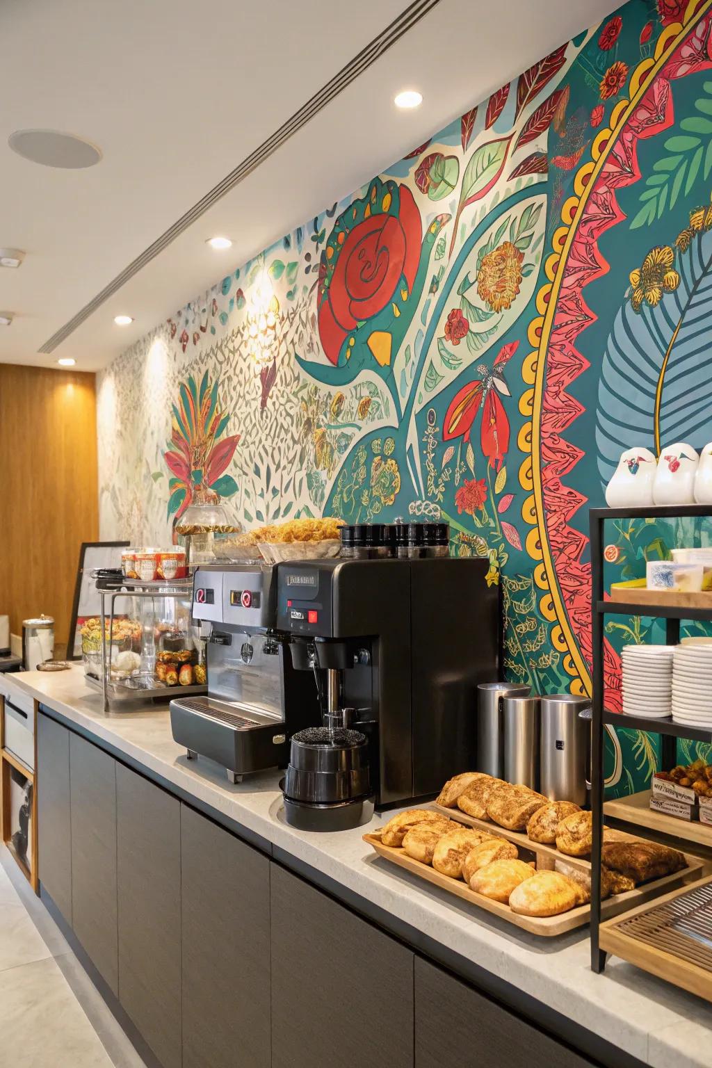 Your coffee station's aesthetic is enhanced by an artistic backdrop.