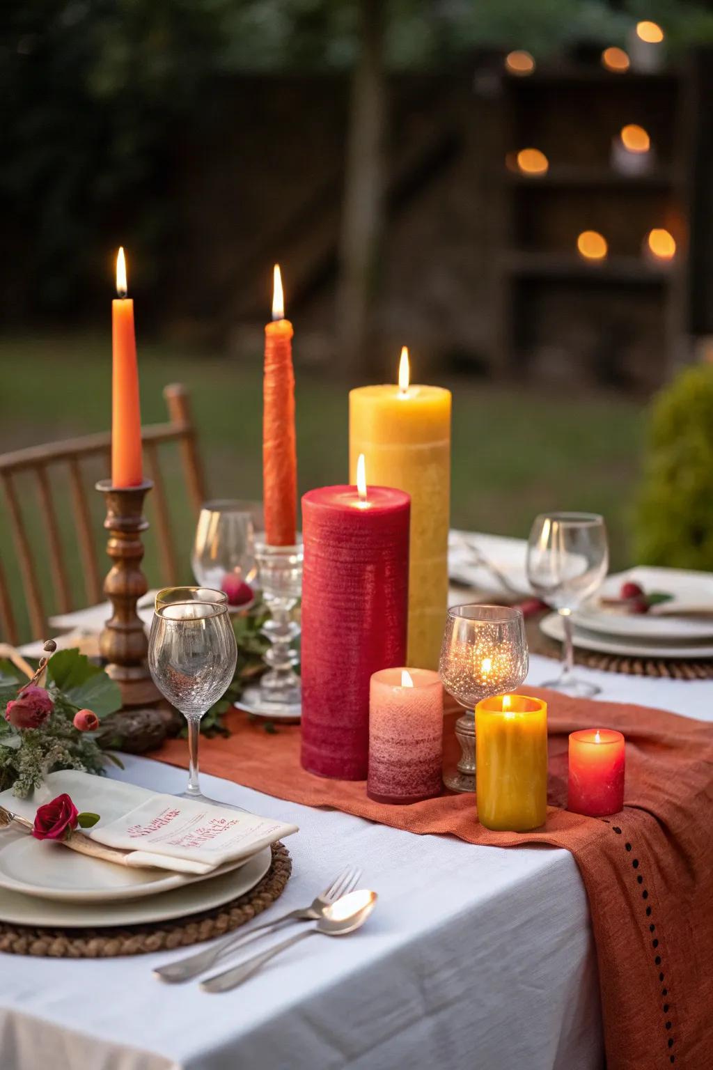 A cozy candlelit dinner with colorful candles.