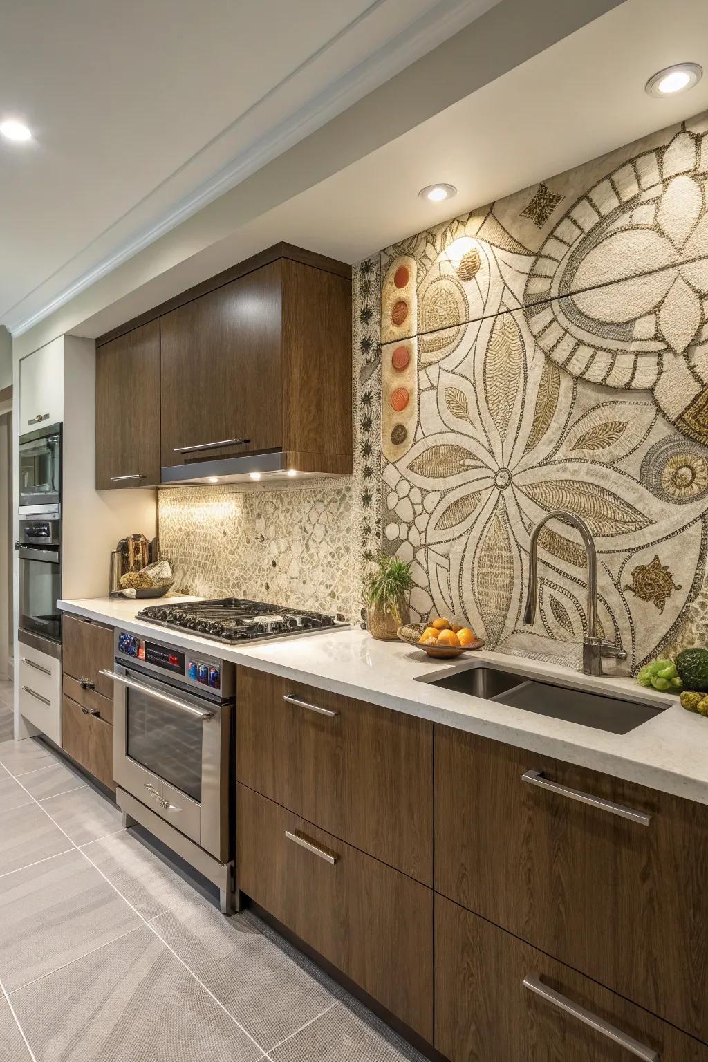 An artistic backsplash adds a bold statement to your kitchen.