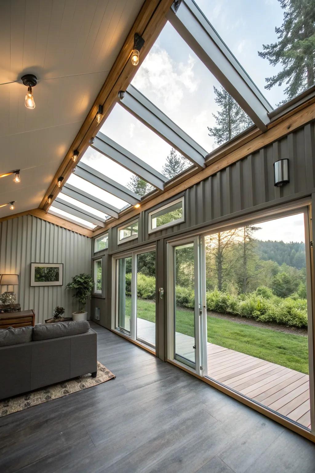 A container home bathed in natural light through large windows and skylights.