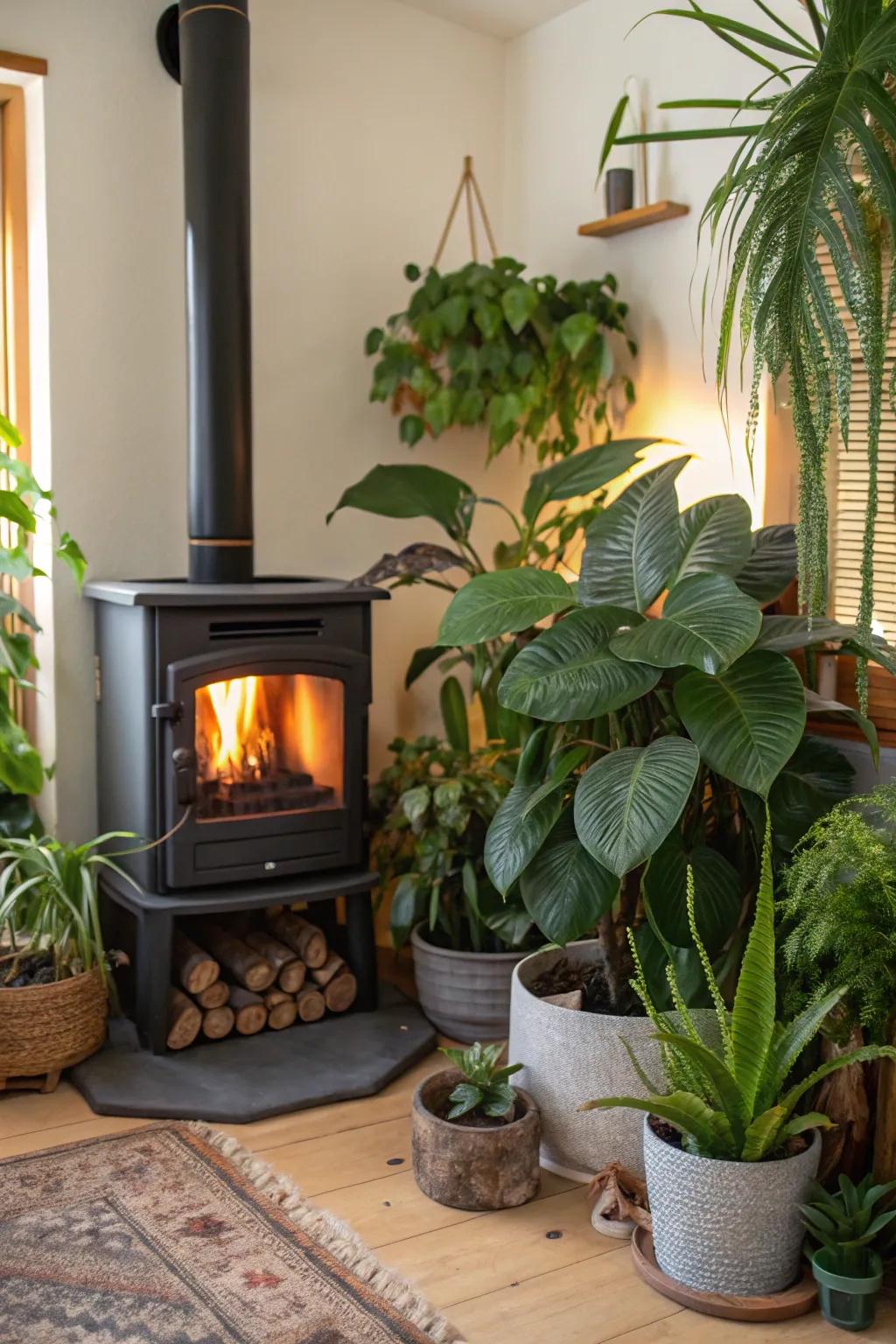 Greenery softens the space around your stove.