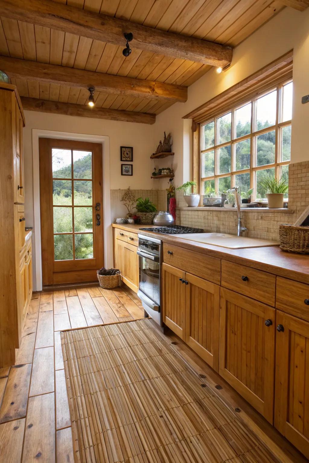 Eco-friendly bamboo flooring enhances the kitchen's natural feel.