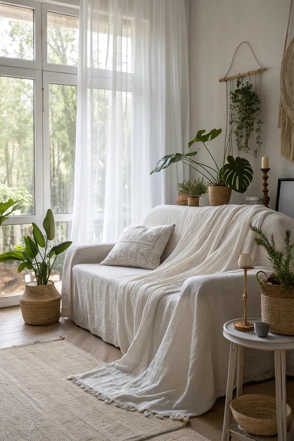 Diaphanous textiles impart a trace of refinement and airiness to your couch.
