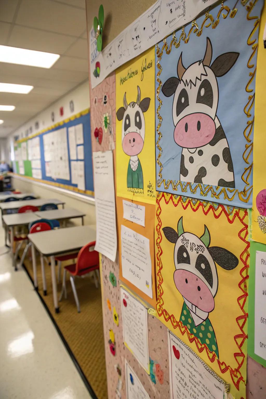 A 'Fashion Your Own Bovine' bulletin board featuring student artwork