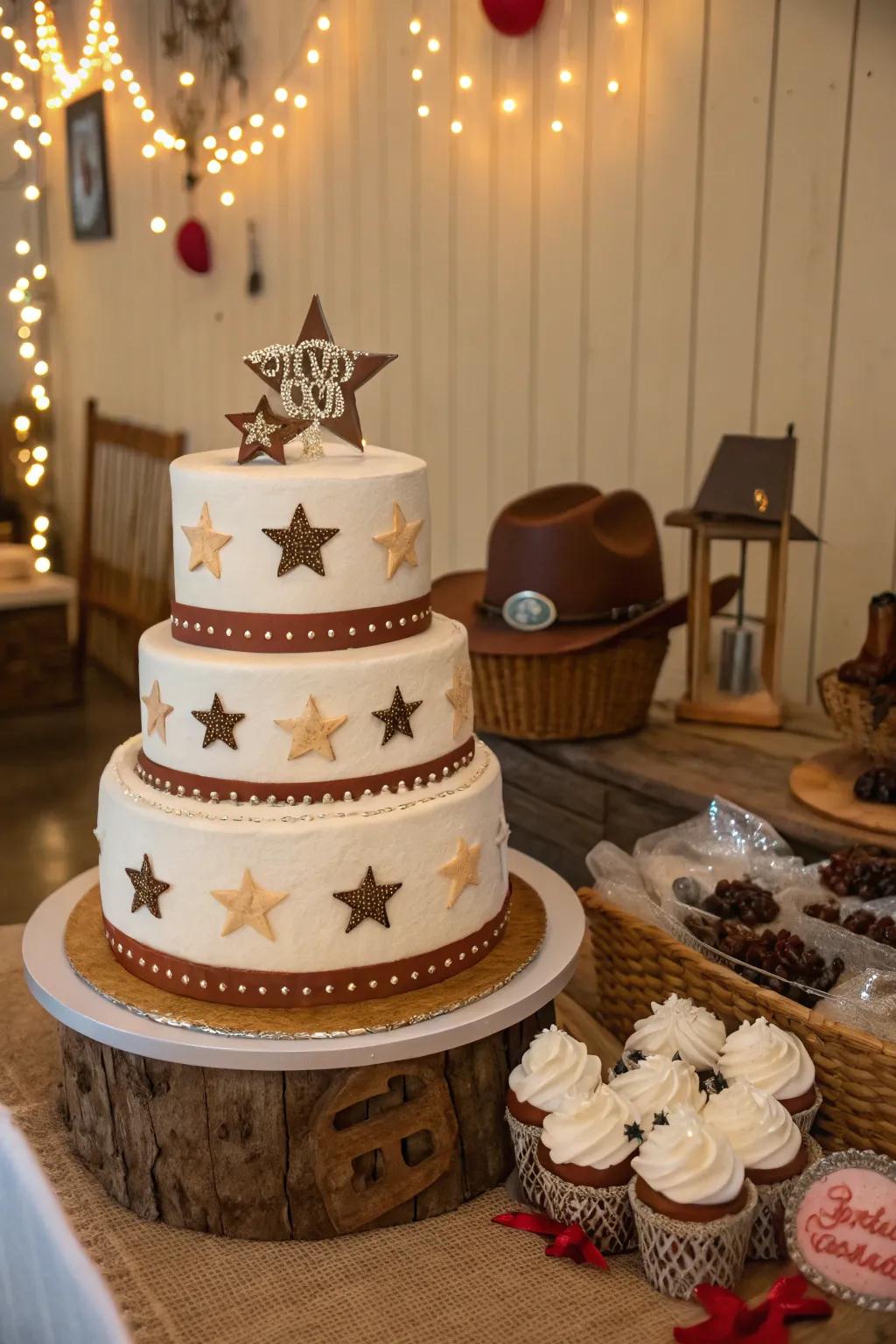 Western star accents add sparkle and charm to this cowgirl baby shower cake.