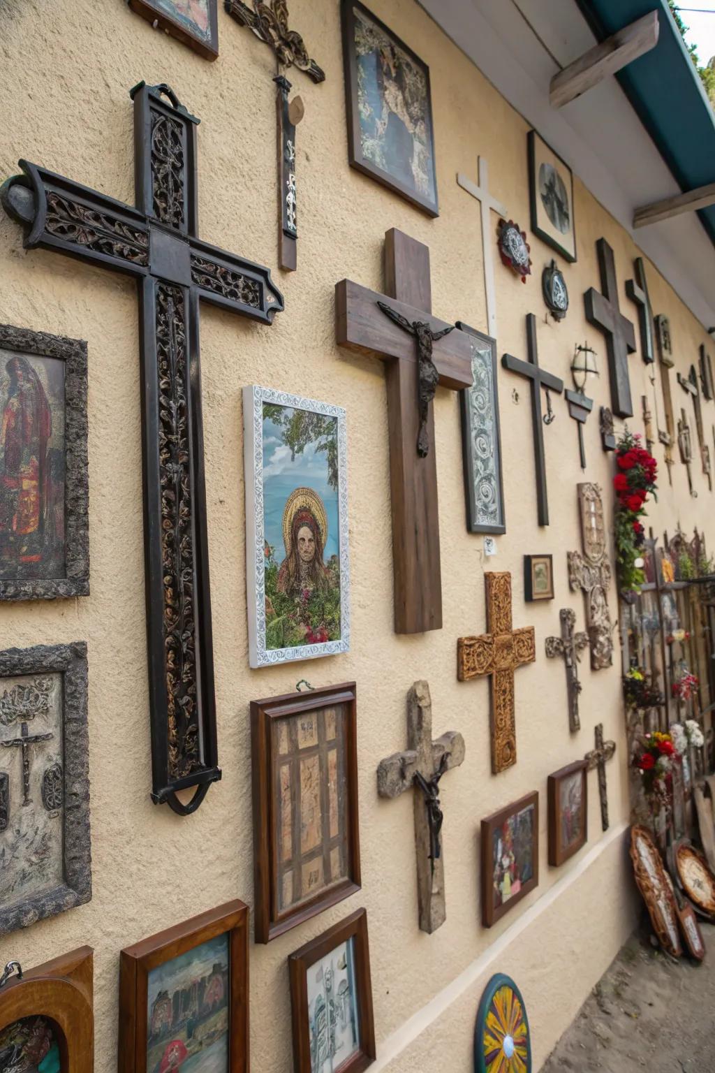 Artful layering of crosses with other decor pieces.