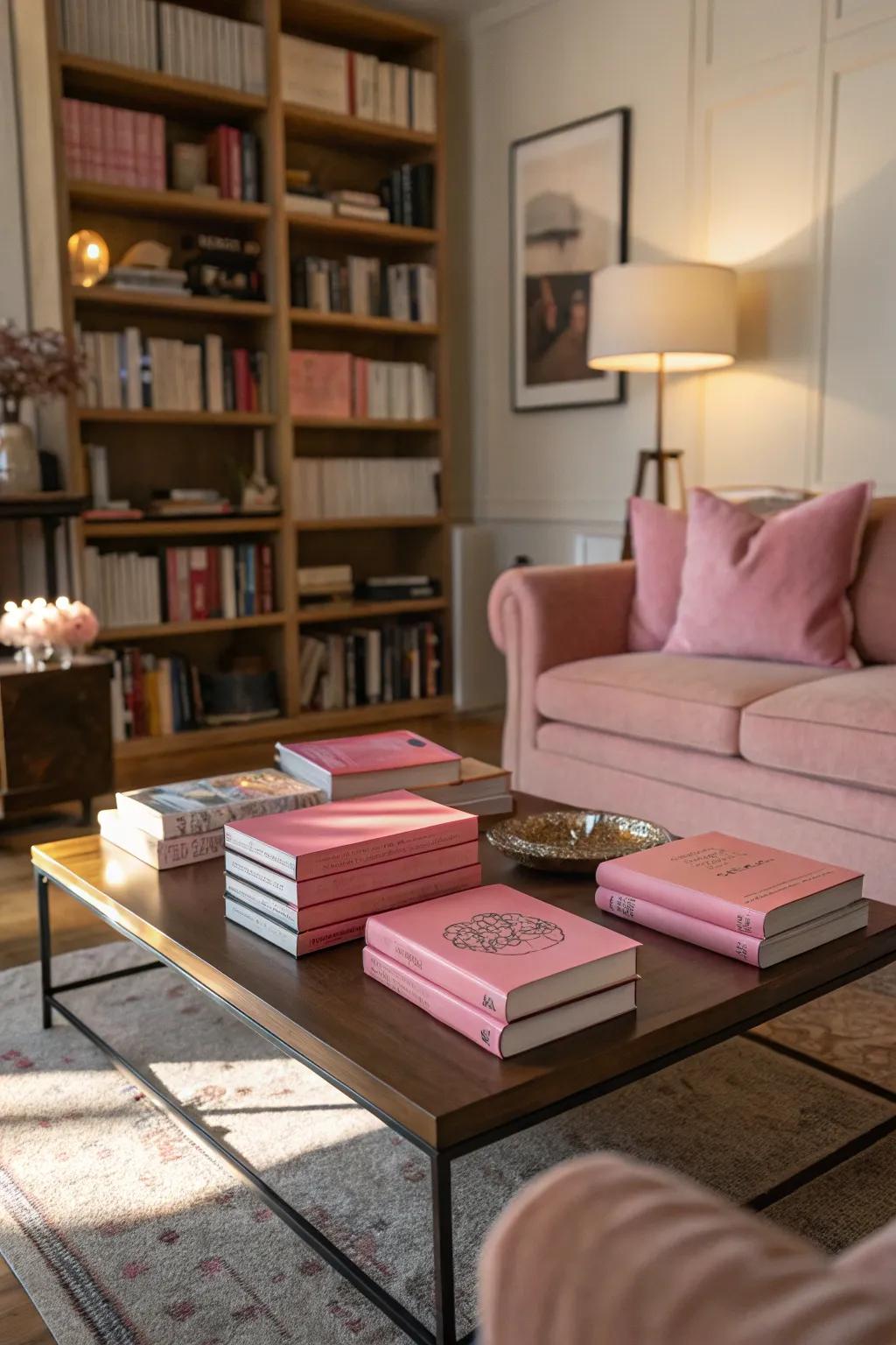 Pink books subtly introduce color and interest to the decor.