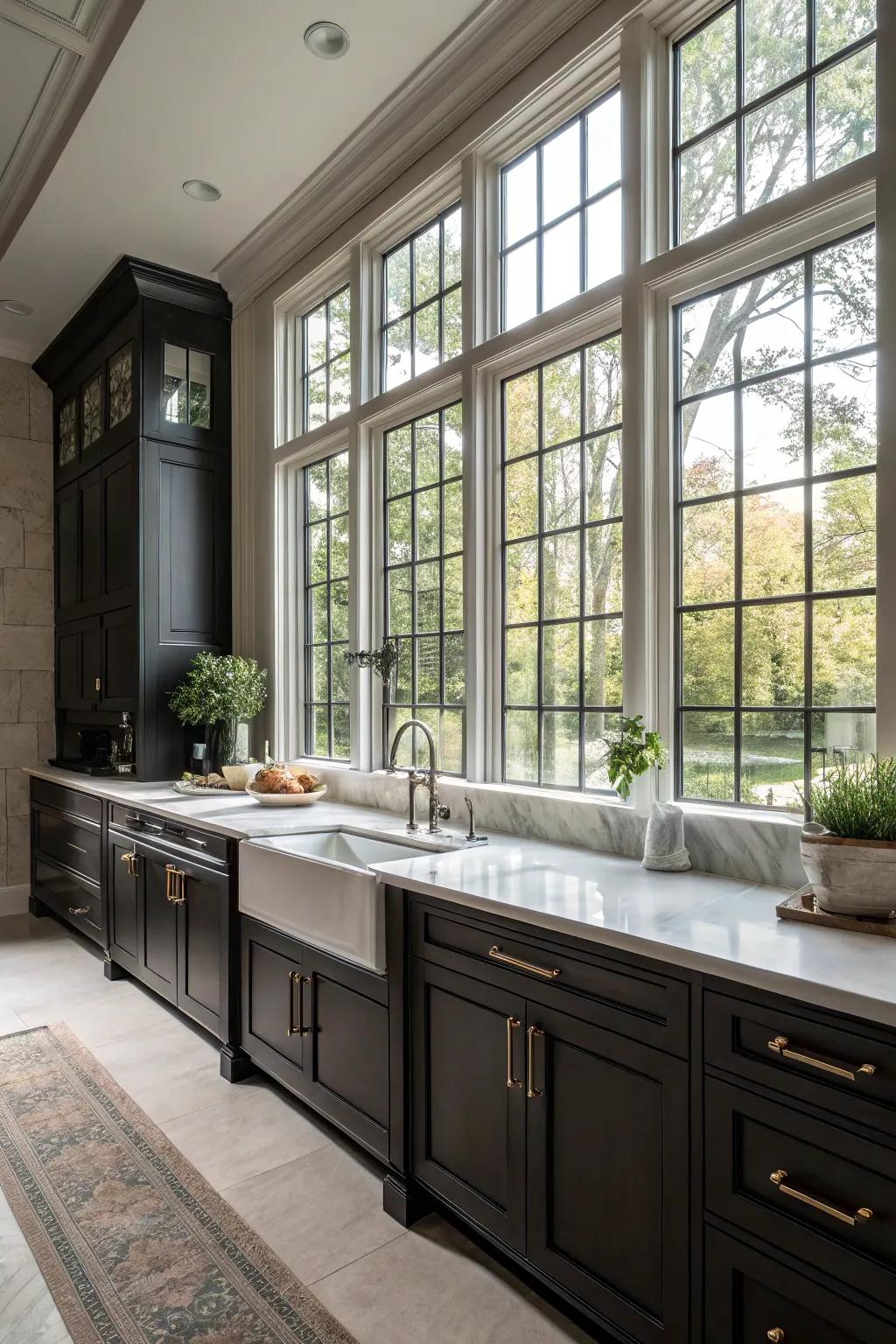 Natural light brightens and balances the effect of dark kitchen cabinets.