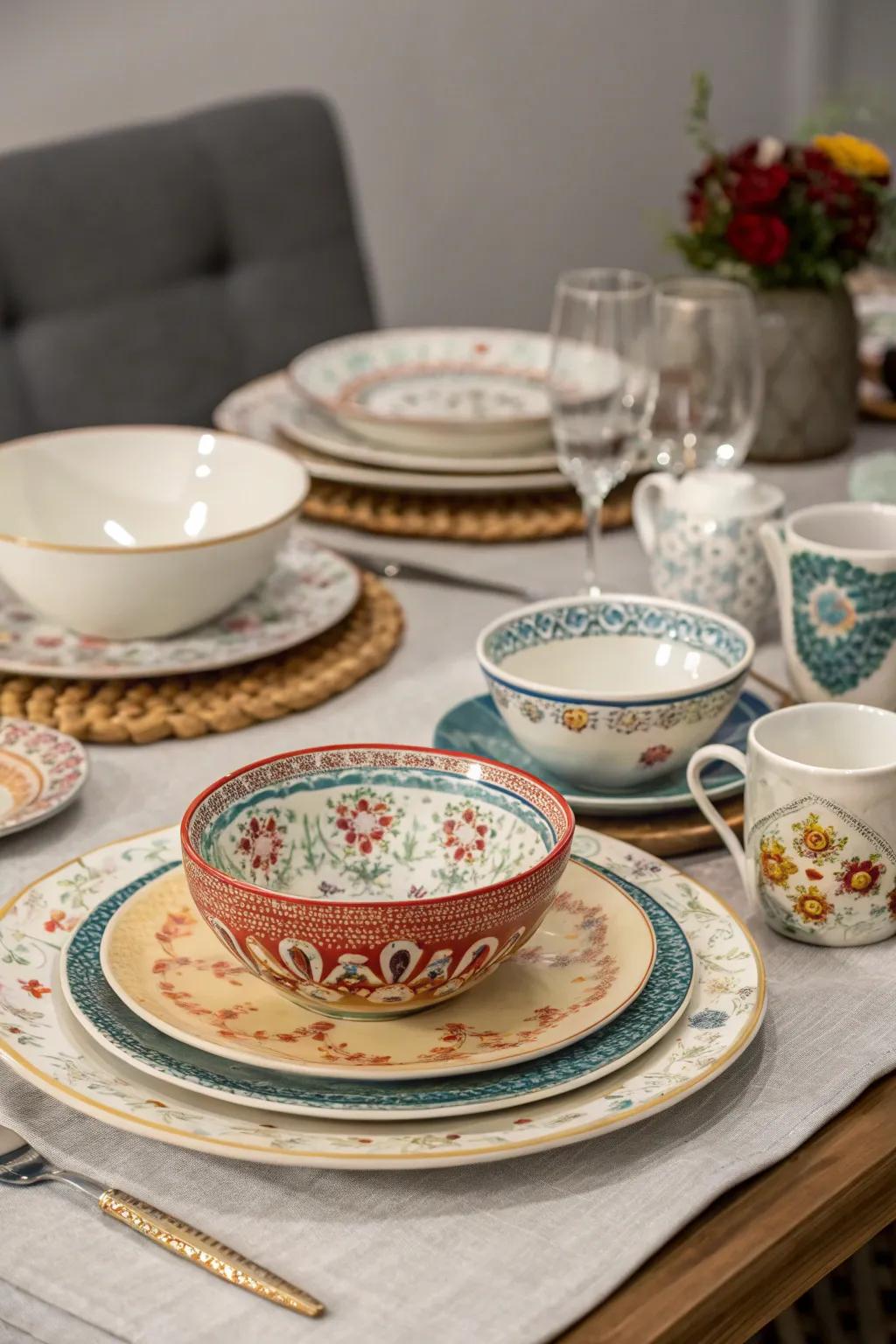 Mixing antique dinnerware creates a unique dining experience.