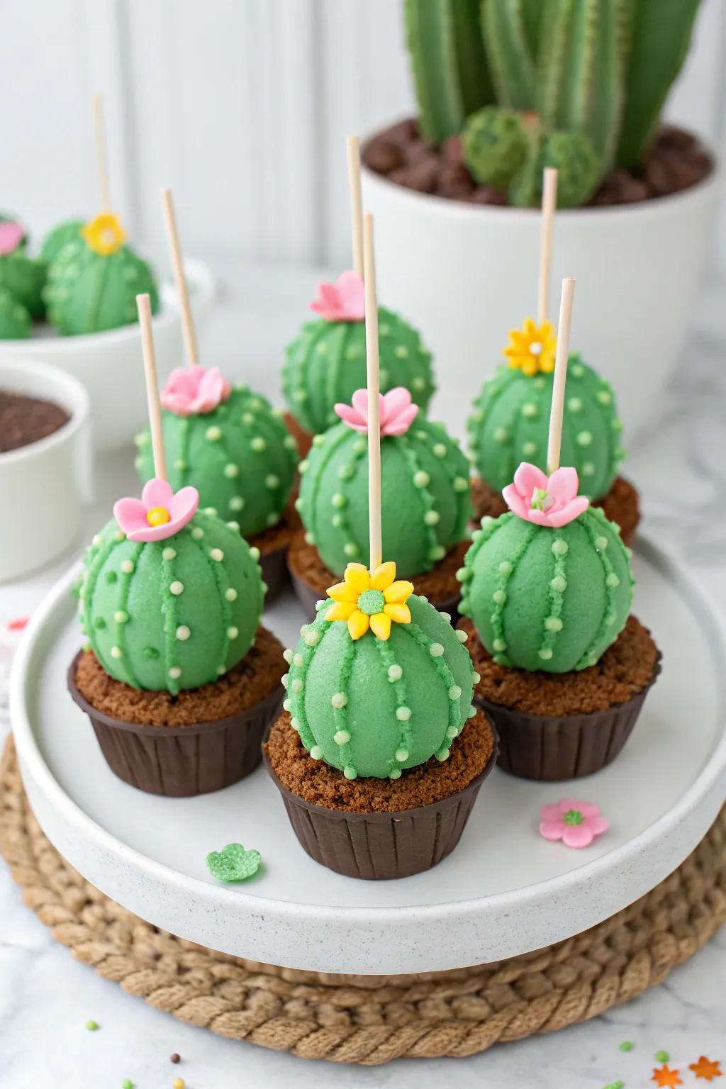 Cactus cake pops decorated with green icing and tiny fondant flowers.