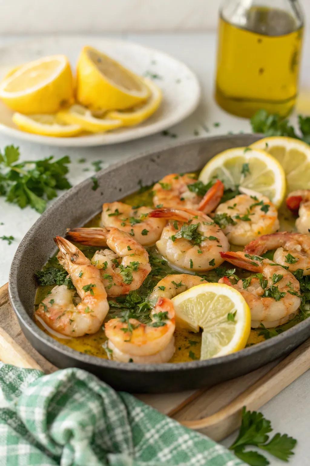 Sizzling garlic butter shrimp with parsley and lemon.