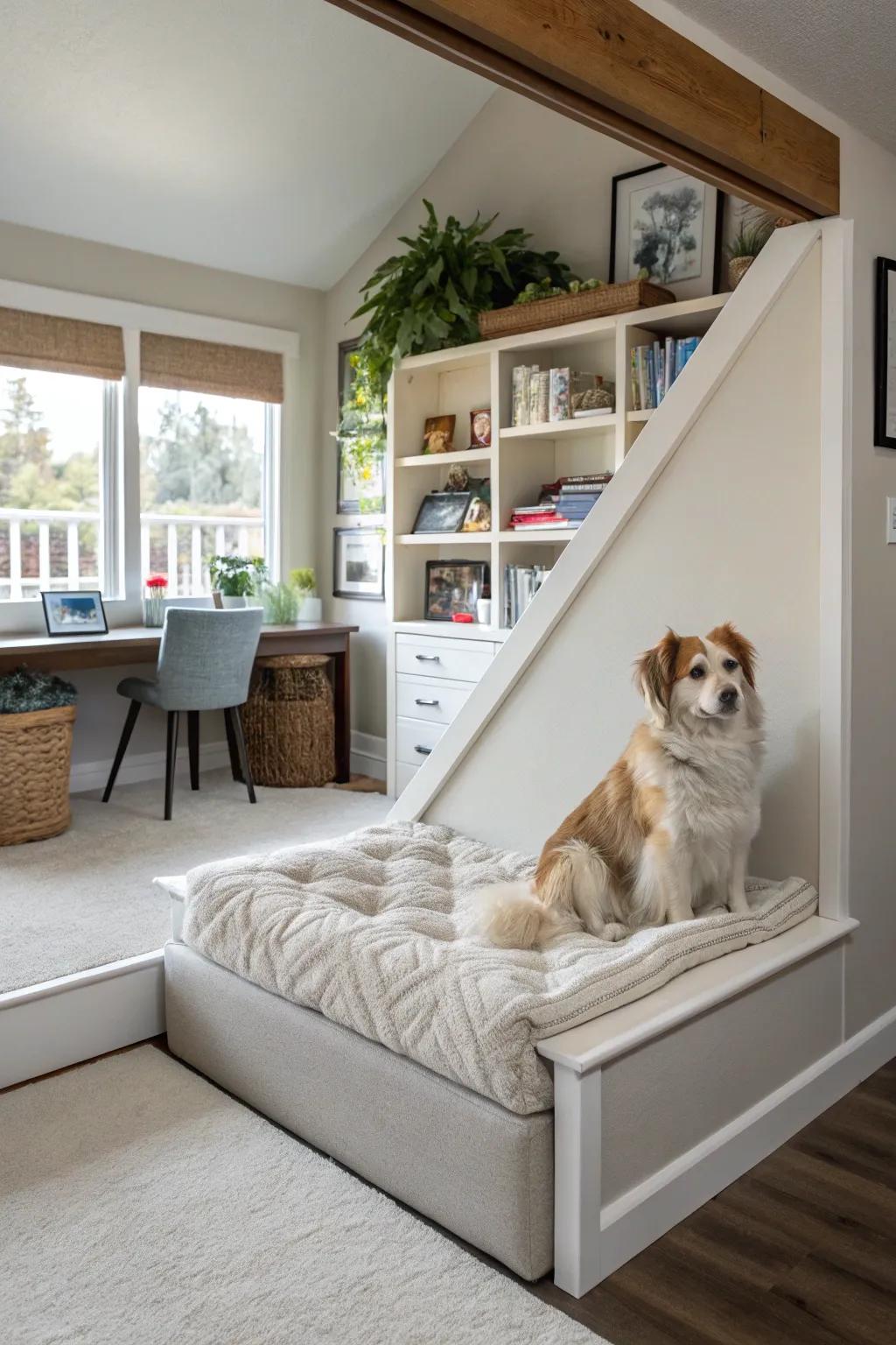 An elevated platform canine nook offers a plush bed and a regal vista of the chamber.