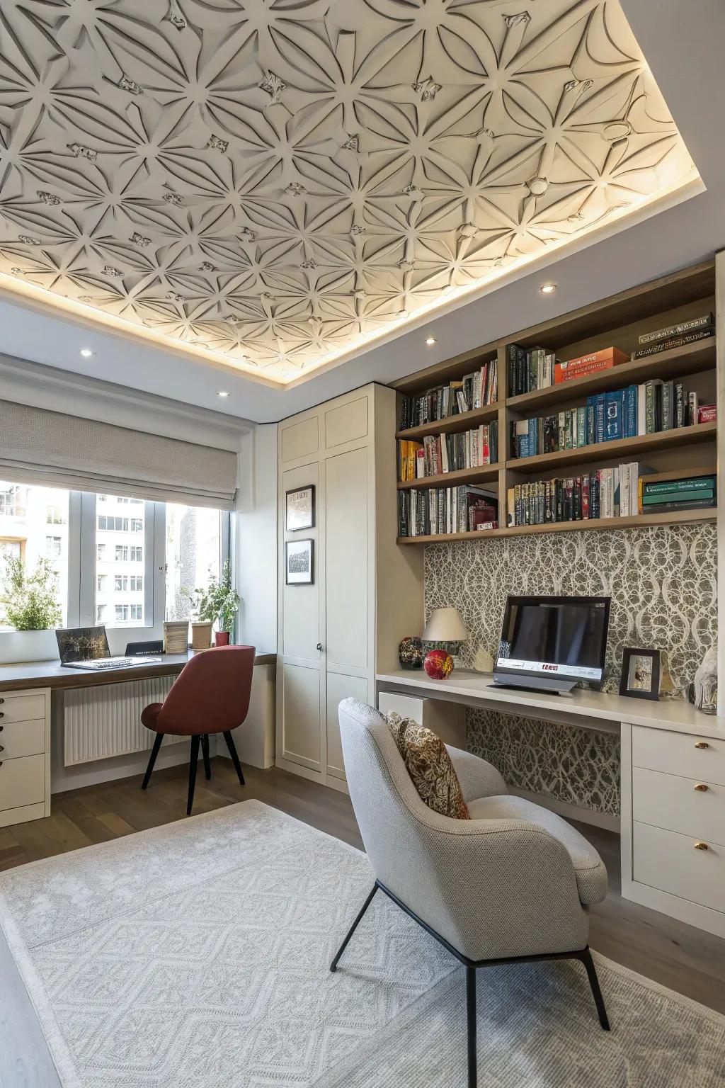 Contemporary style with geometric pattern ceiling tiles.