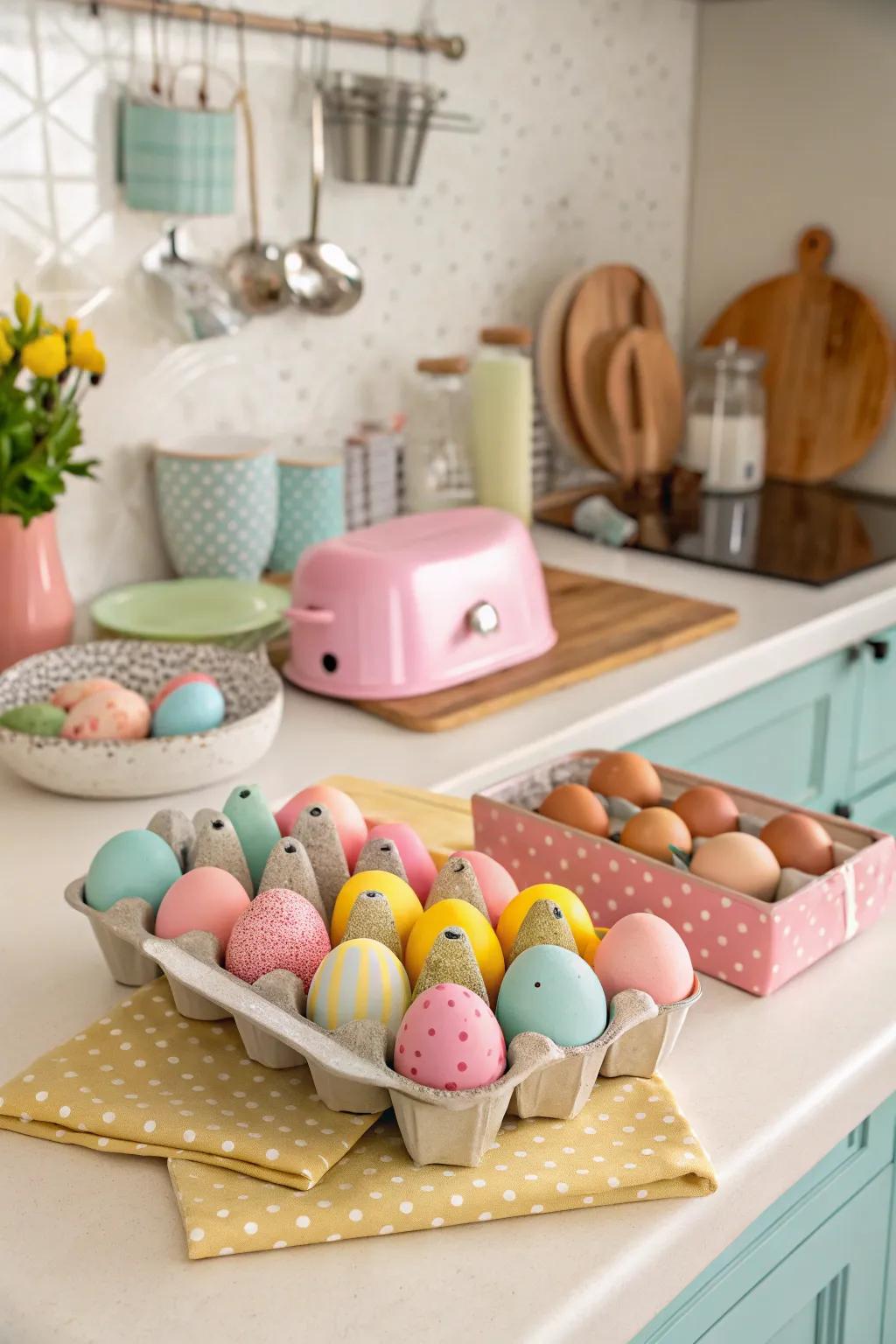 Ornamental egg containers render a stylish and simple centerpiece.