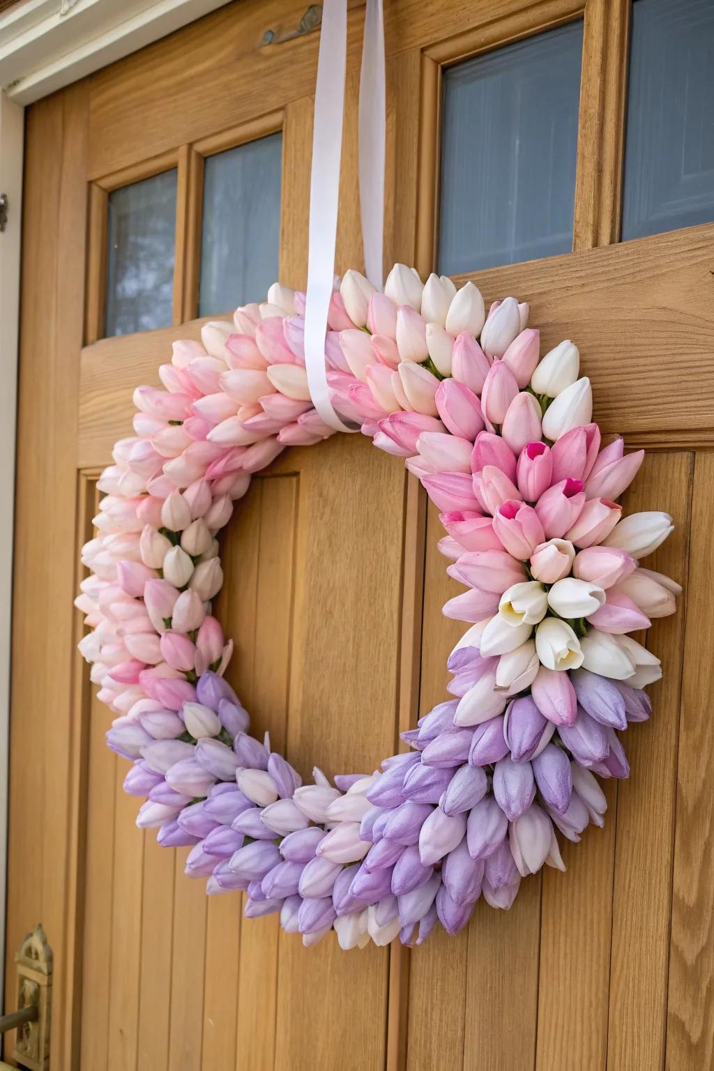 A stunning Easter wreath with an ombré tulip design, adding a vibrant gradient to your decor.