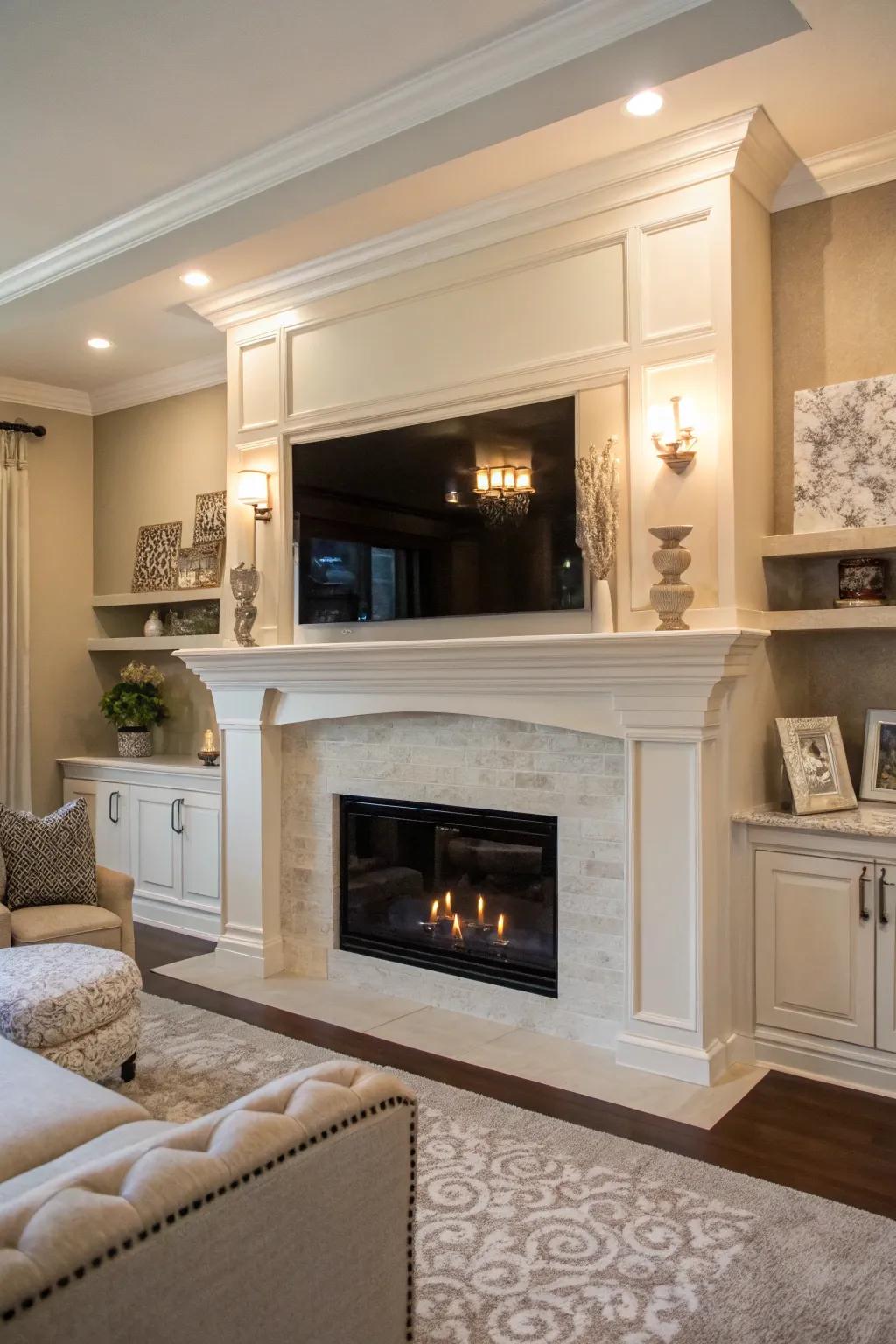 Floating mantels offer space for personal touches and seasonal decor.