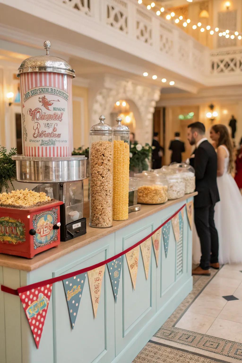 A popcorn bar styled with a retro candy store vibe, featuring colorful containers and decor.