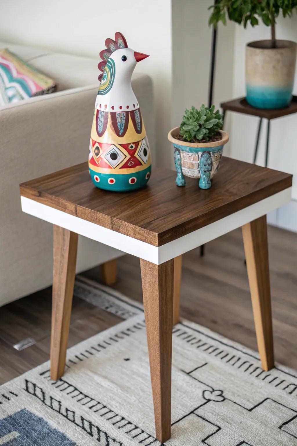 A whimsical element adds fun to an end table.