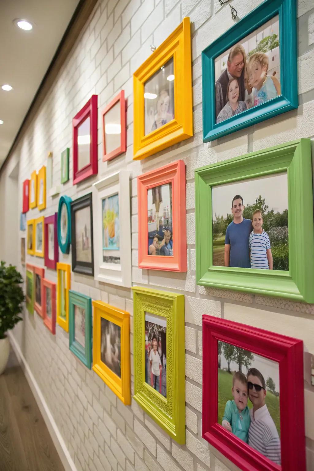 Bright and bold colors bring energy and joy to your family photo wall.