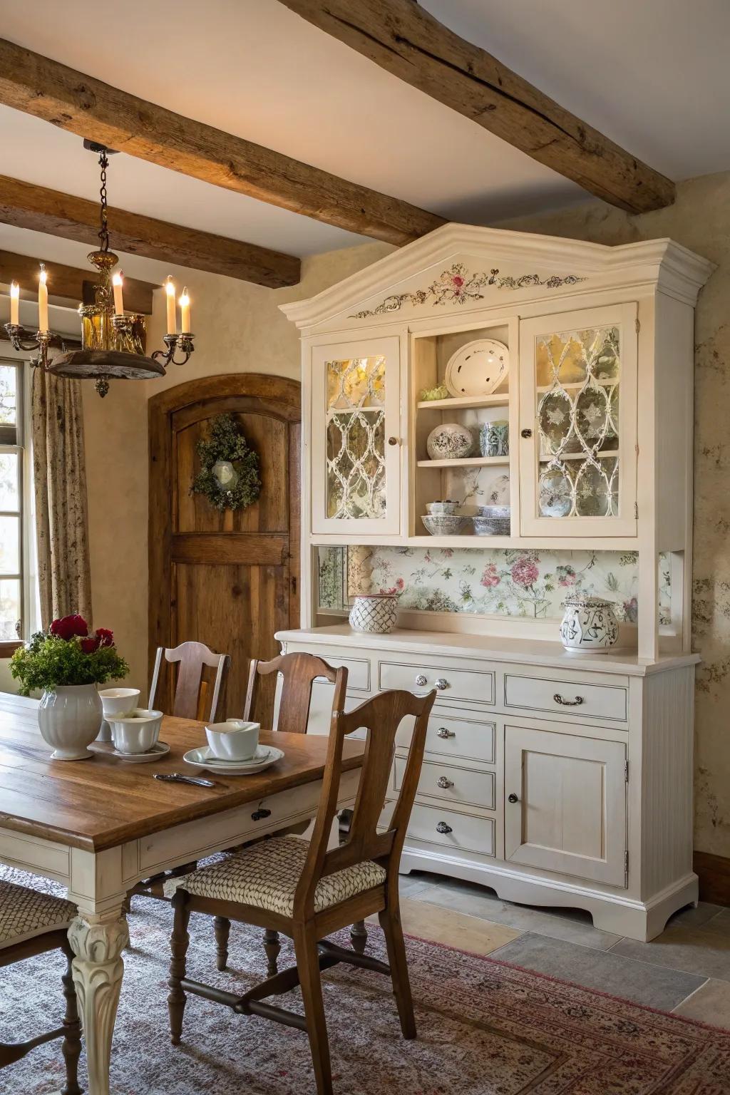 A charming hutch displays china and adds character to this farmhouse dining room.